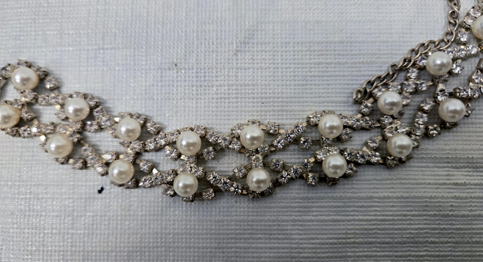 Vintage Faux Pearl & Rhinestone Choker Necklace Adjustable Hook Clasp