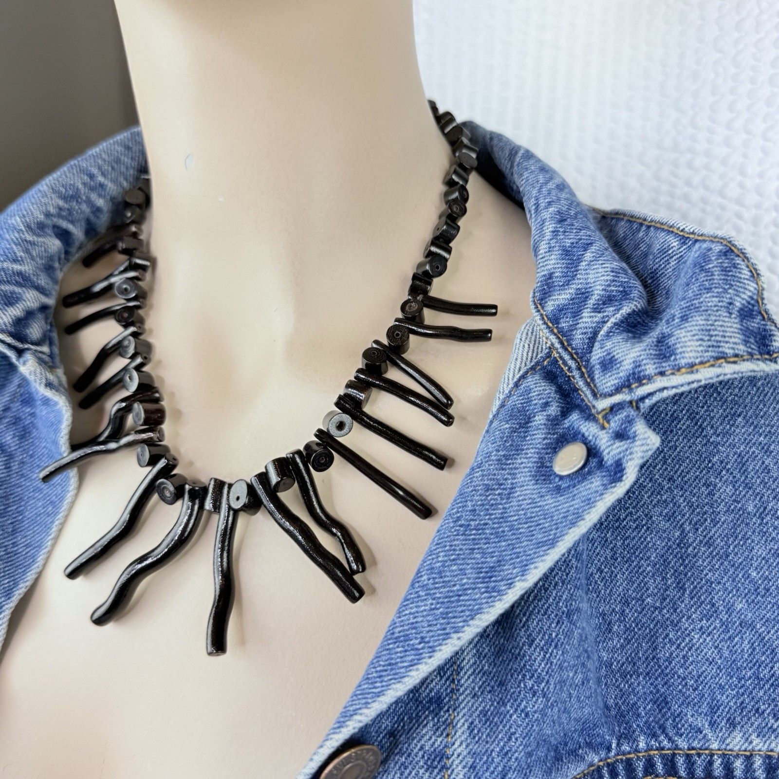 Vintage Genuine Black Branch Coral Chunky Tribal Boho Chic Goth Fringe Necklace