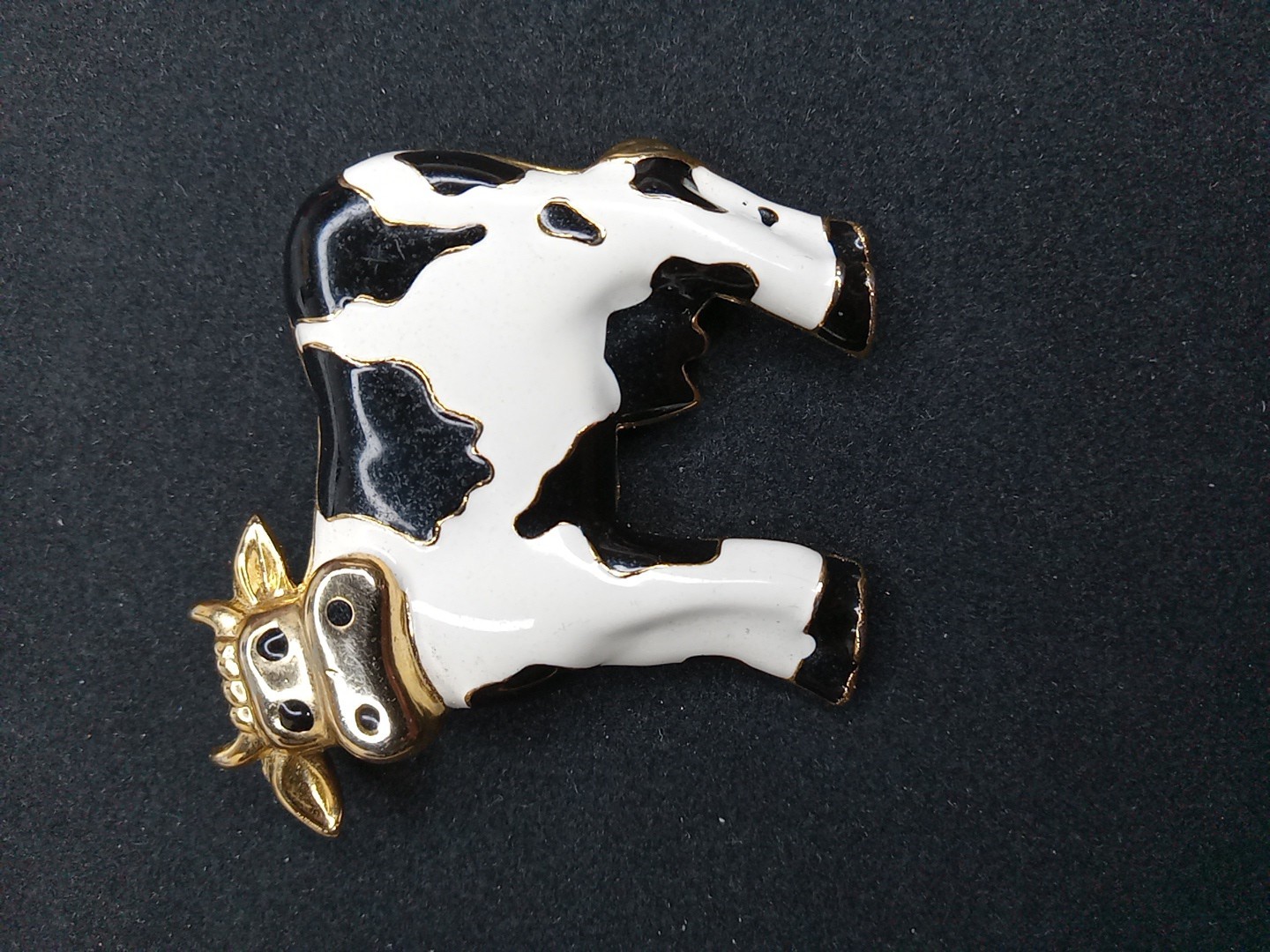 Vintage Holstein Cow Brooch Pin Gold Tone Black White Farm Animal