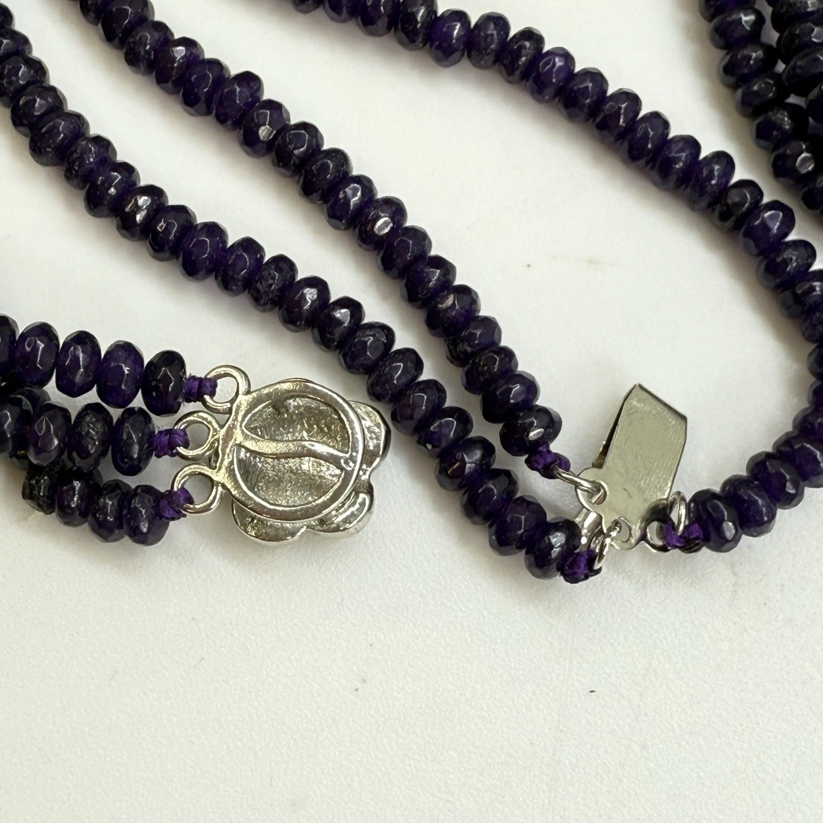 Vintage 3 Strand Purple Iolite Bead Necklace Faceted Iolite Floral Clasp