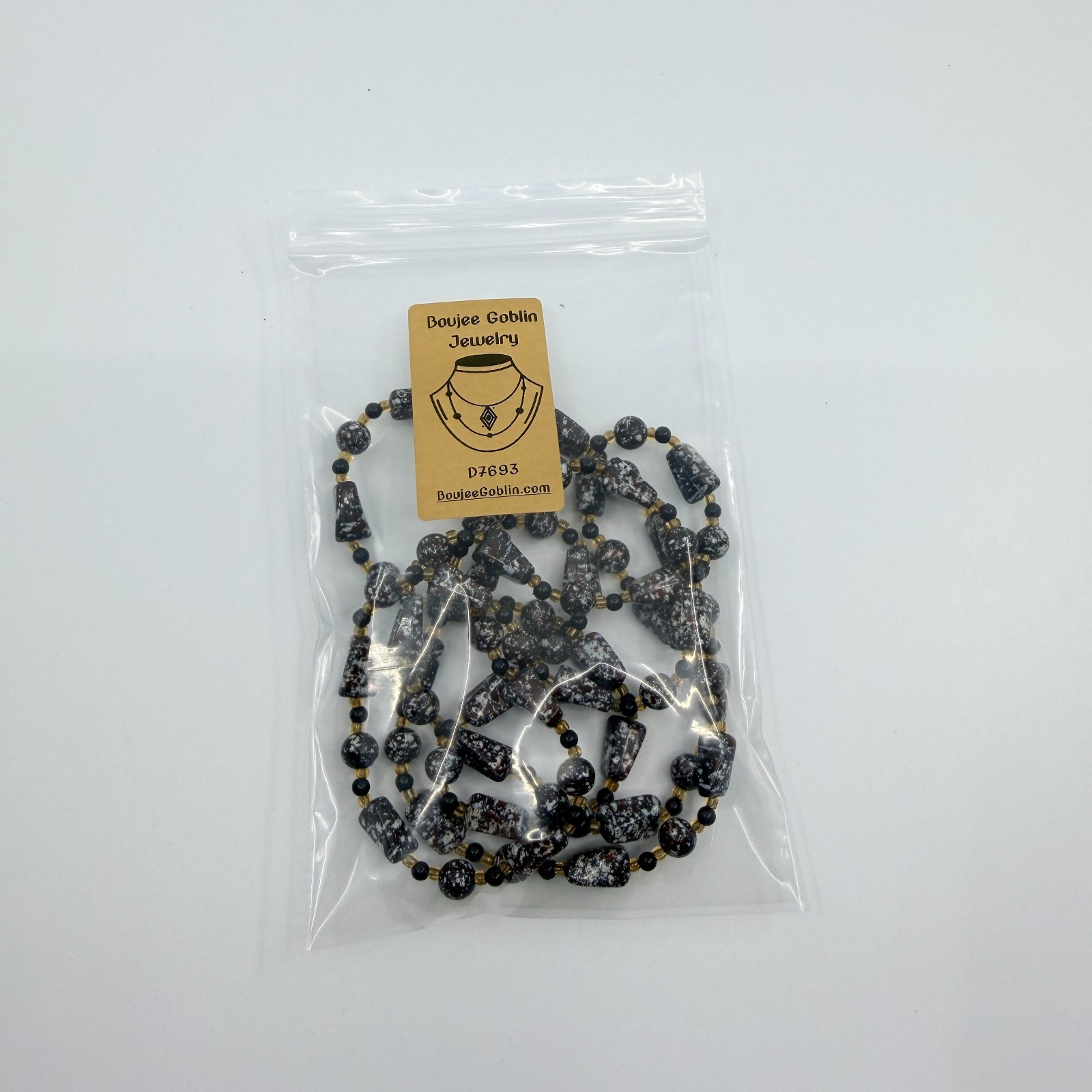 Vintage Brown White Mottled Bead Multi Strand Necklace Chunky Statement Boho Art
