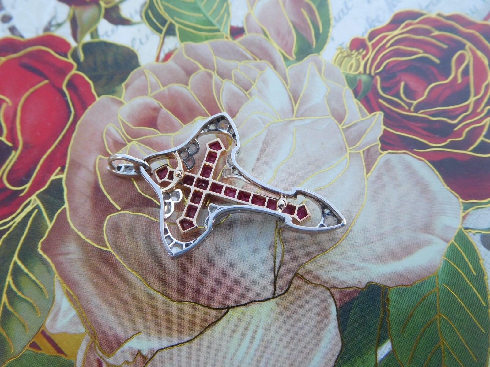 Belle Époque Art Nouveau 18K Rose Gold Platinum Diamonds Rubies Cross Pendant 🥀
