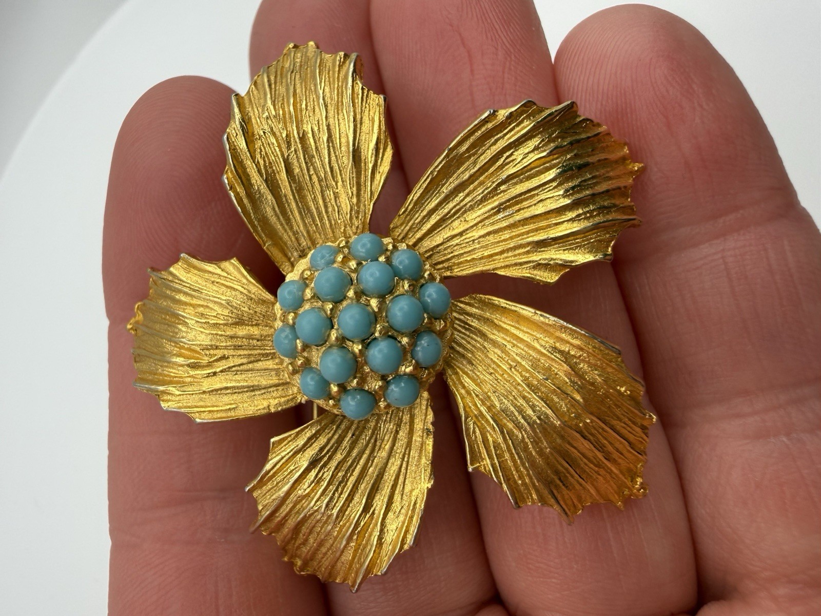 Vintage Benedict NY Brooch Floral Cluster Imitation Turquoise Gold Tone