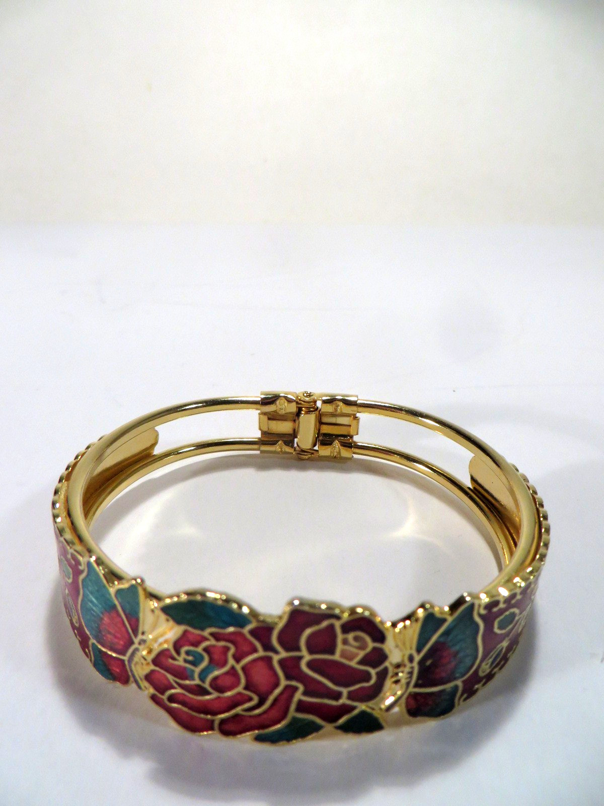Vintage Gold Tone Bracelet Cloisonne Red & Pink Roses Hinge Opening