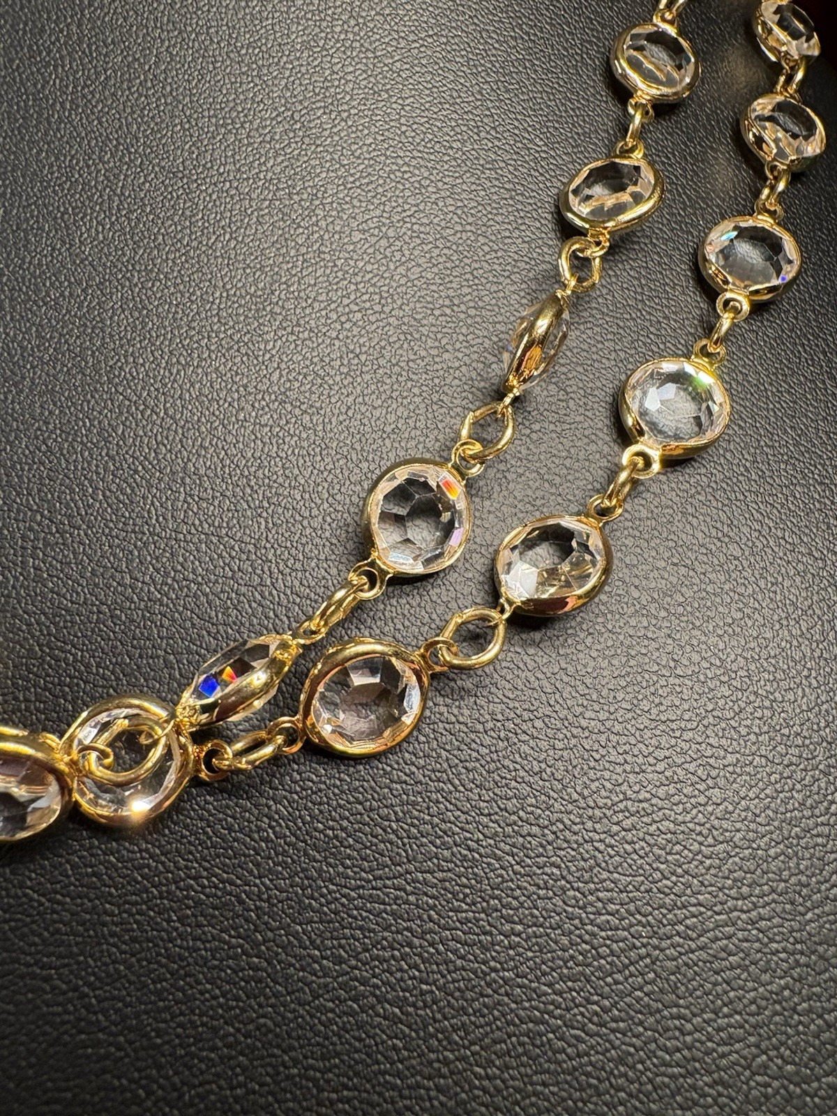 VTG Austrian Crystal USA 1980 Large Bezel Set Clear GT Necklace 34”