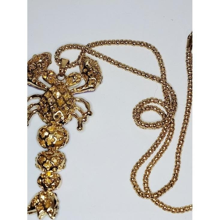 Vintage Betsey Johnson Lobster Pendant Necklace Rhinestone Enamel Statement