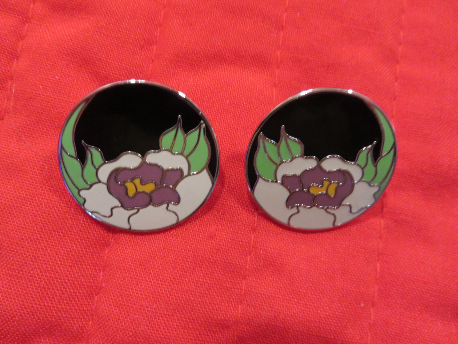 Vintage Signed Laurel Burch Enameled Garden Rose Earrings Purple Green White