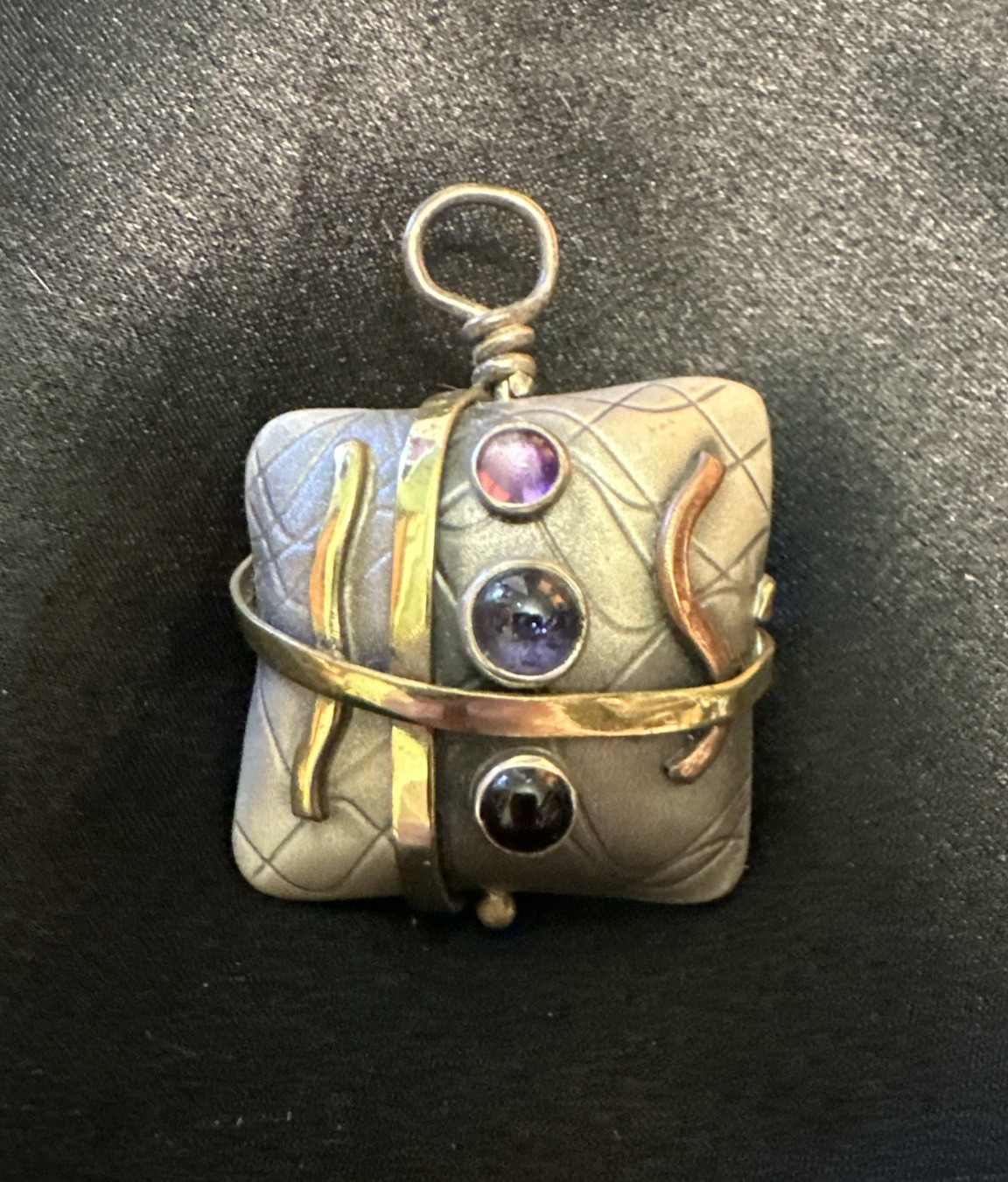 SMB Artesian Signed Sterling Silver, Multi-Metal & Gem 3-D Pendant 1”square