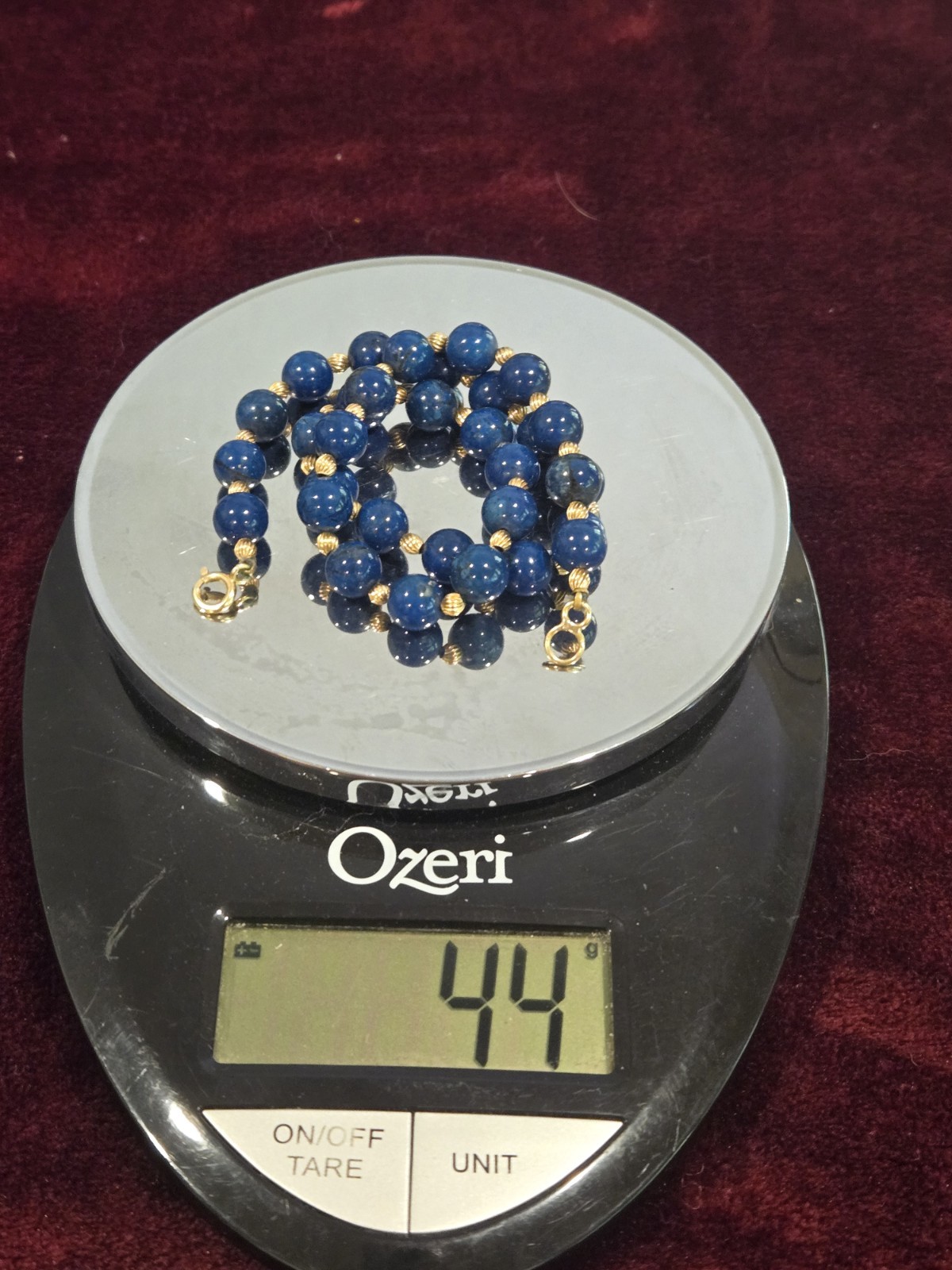 Vintage Lapis Lazuli + Gold Bead Necklace, 14k Clasp, 18″, 44g, Lovely Speckles!