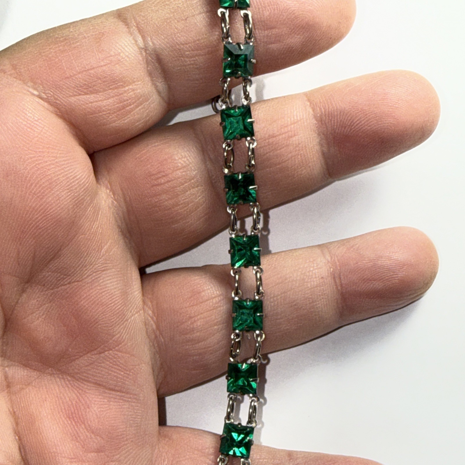 Bracelet Art Deco Paste Gwen Emerald Glass Sterling Silver Square Stone Antique