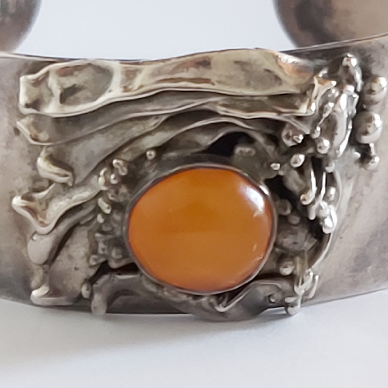 Antique Art Deco Sterling Silver Cuff Bracelet Original Design 3 Amber Inserts