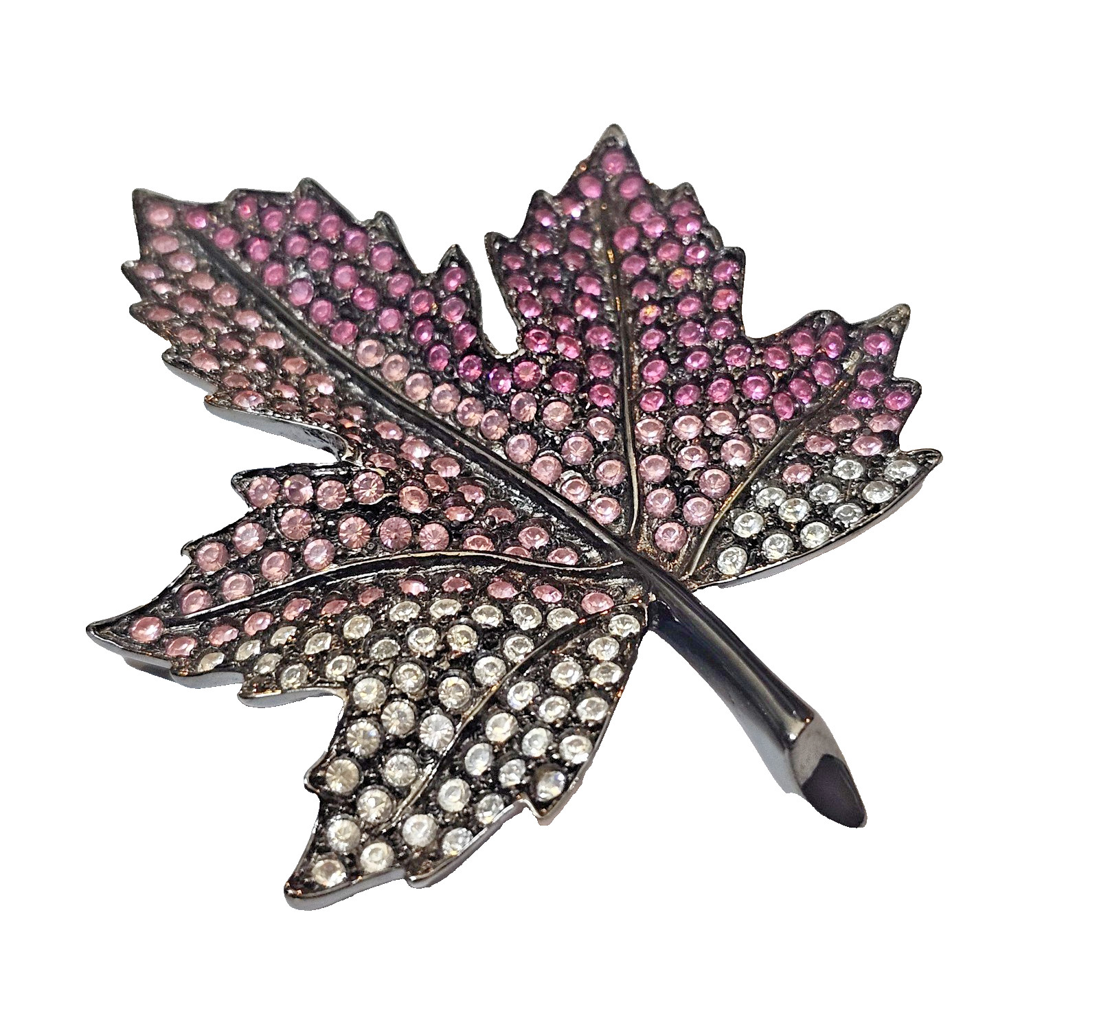 VTG KJL Kenneth Jay Lane Pink Ombre Gunmetal Gray Pave Maple Leaf Brooch Pin