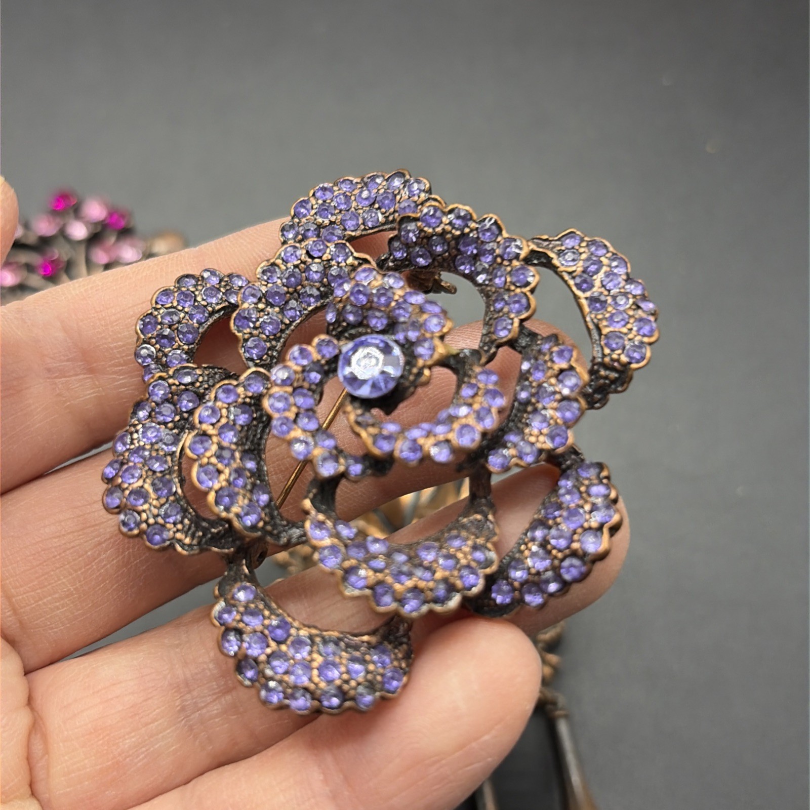 Lot Of 4 Vintage Bronze Finish Brass Brooch Pin Purple Pink Red Kaywin Nov *READ