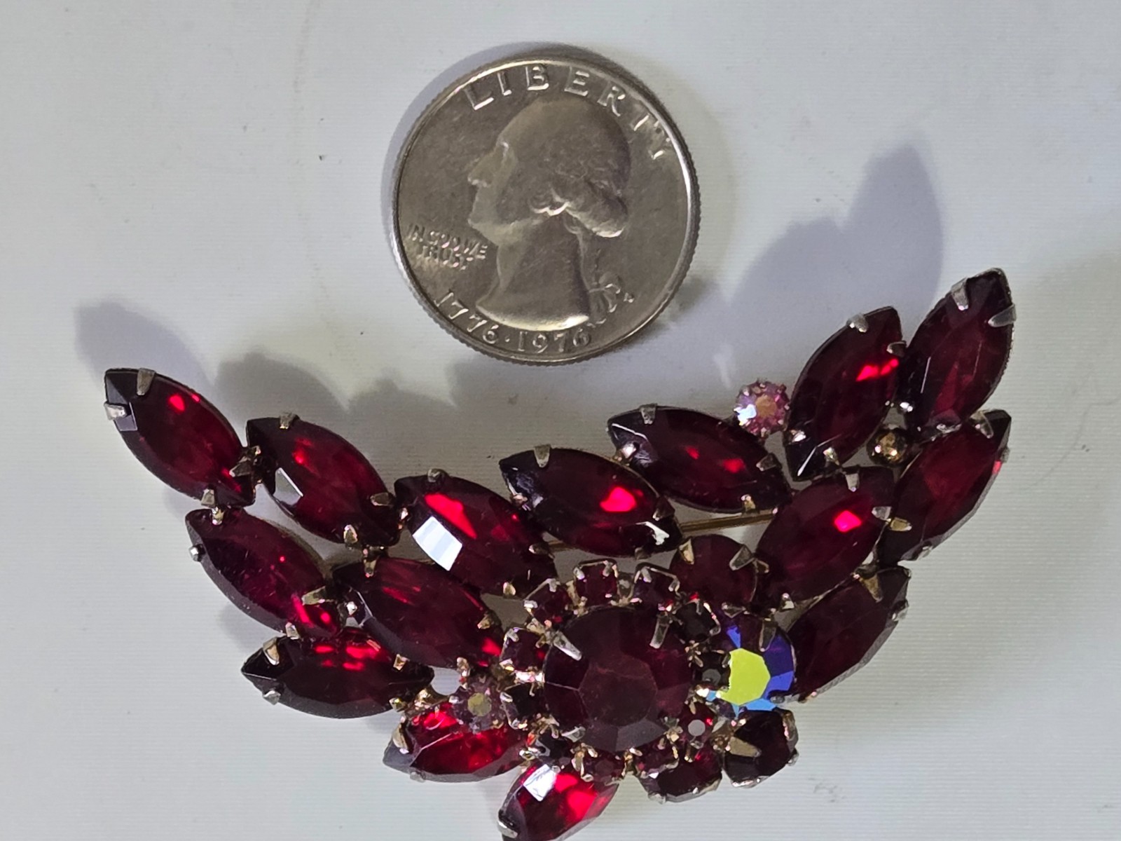 Vintage Brooch. Goldtone with Dark Red Stones. Pink Accent Stones. Gorgeous.