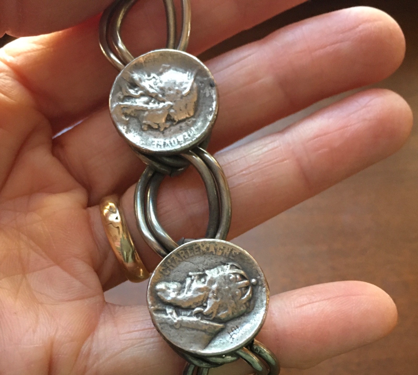 Louis Rault Mark Silver Content Link Bracelet with 4 Coin Monarch Faces