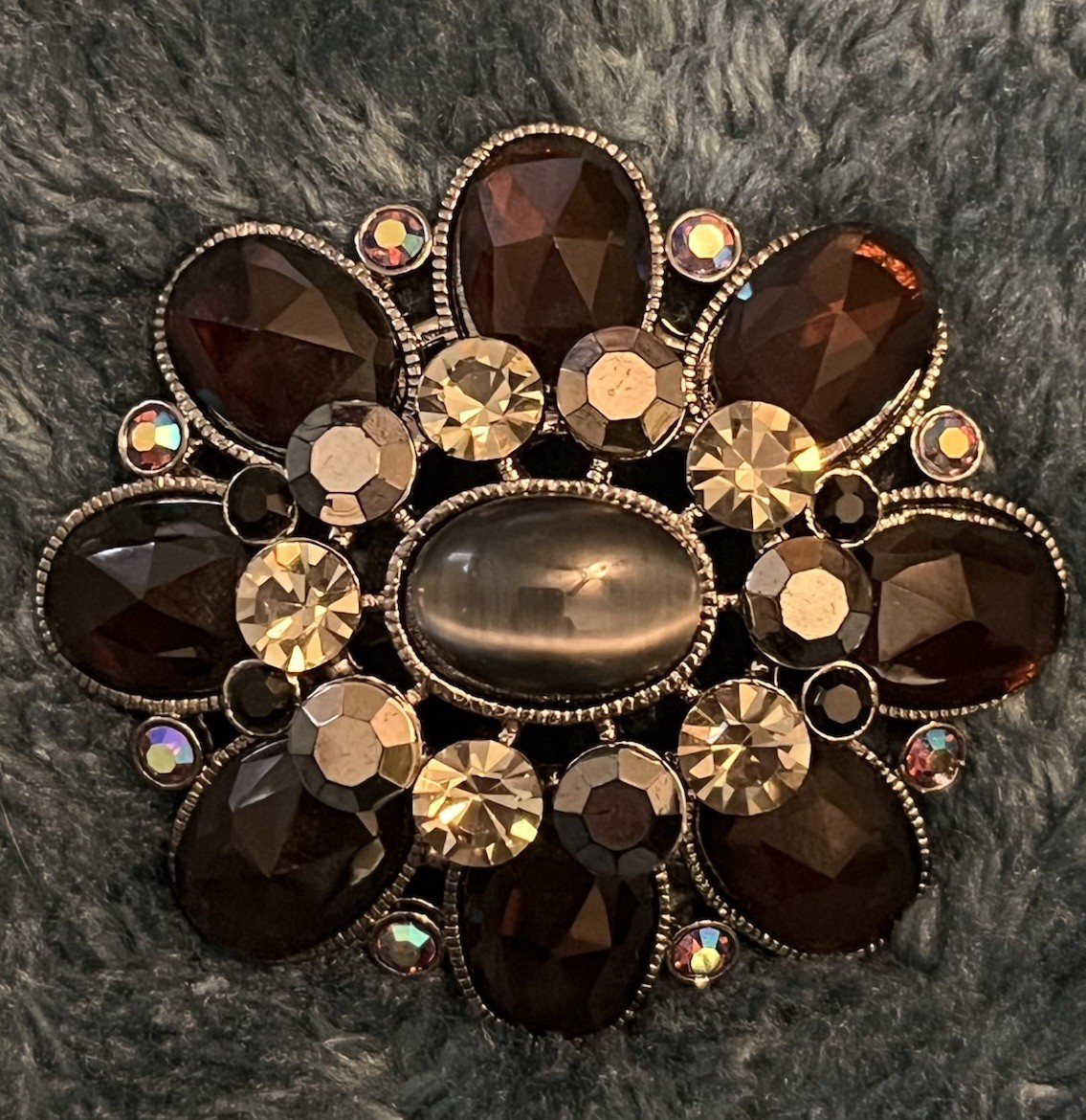 Jappaned Brooch Flower Faceted Brown, Black & Clear Rhinestones Tiger Eye Center
