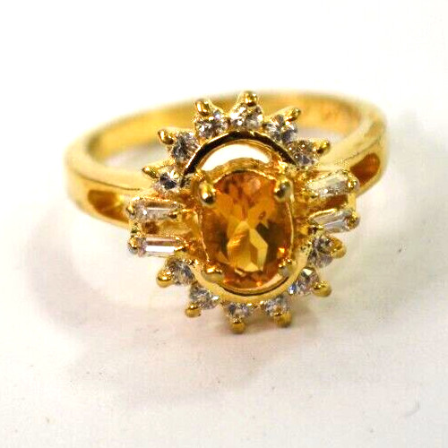 Fine Citrine and Cubic Zirconia Cluster Ring Sterling Silver Size 7.25