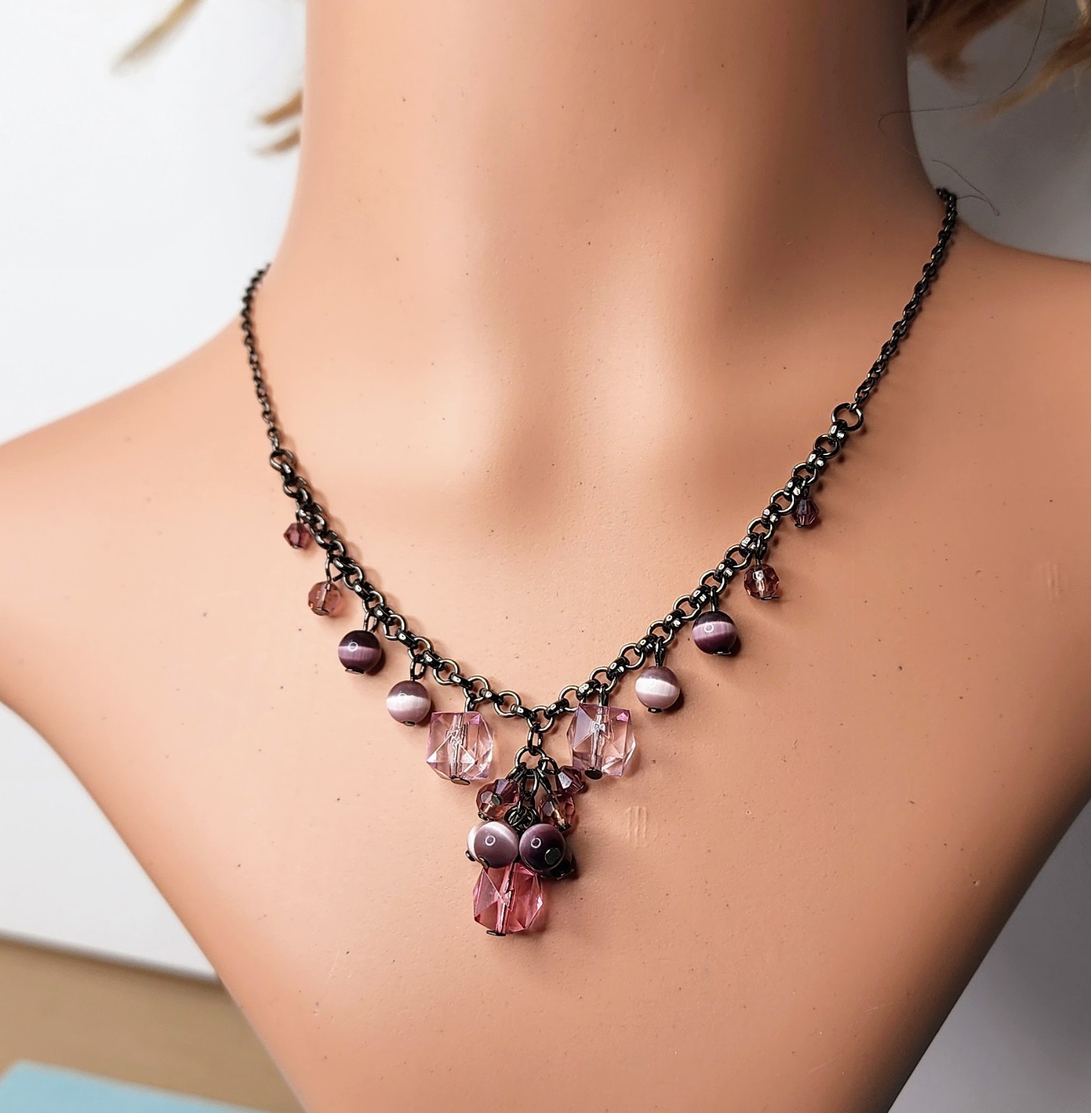 Vintage Style Pink Crystal & Cat Eye Bead Gunmetal Necklace