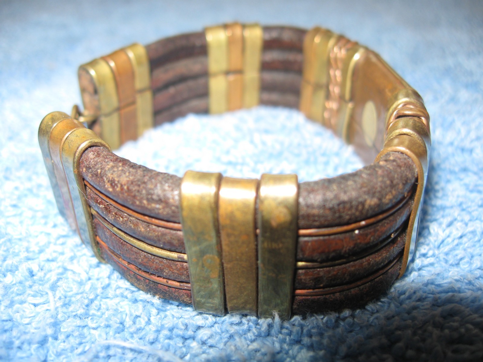 Leather & Brass Bracelet w/Hook Clasp, 3/4″ wide x 3″ Diameter Artisan Made