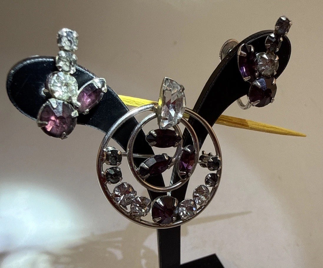 Vintage Earrings & Brooch Silver tone With Amethyst & Grey & White Rhinestone