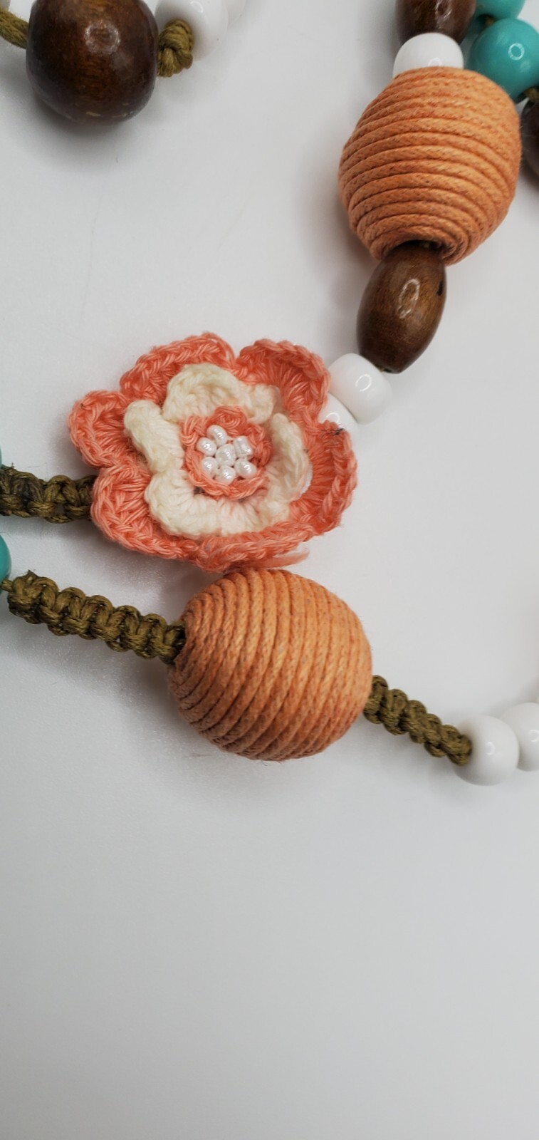 Vintage Plastic, Wood and Crochet Beaded Necklace 18″ Marked Gwen woo1