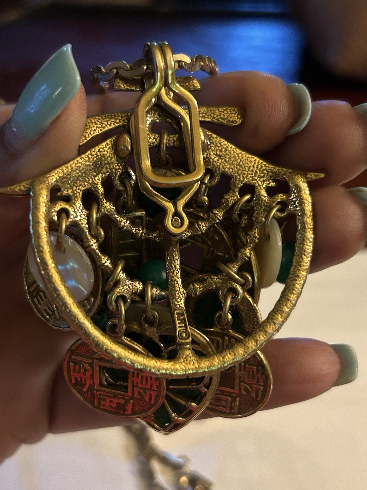 Vtg ART Arthur Pepper Asian Revival Charm Necklace Faux Jade Chinese Coin