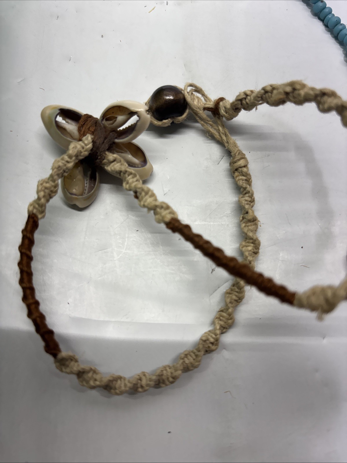 Lot of 3 Old /Ancient Venetian African glass trade beads & hemp Seashell Chocker