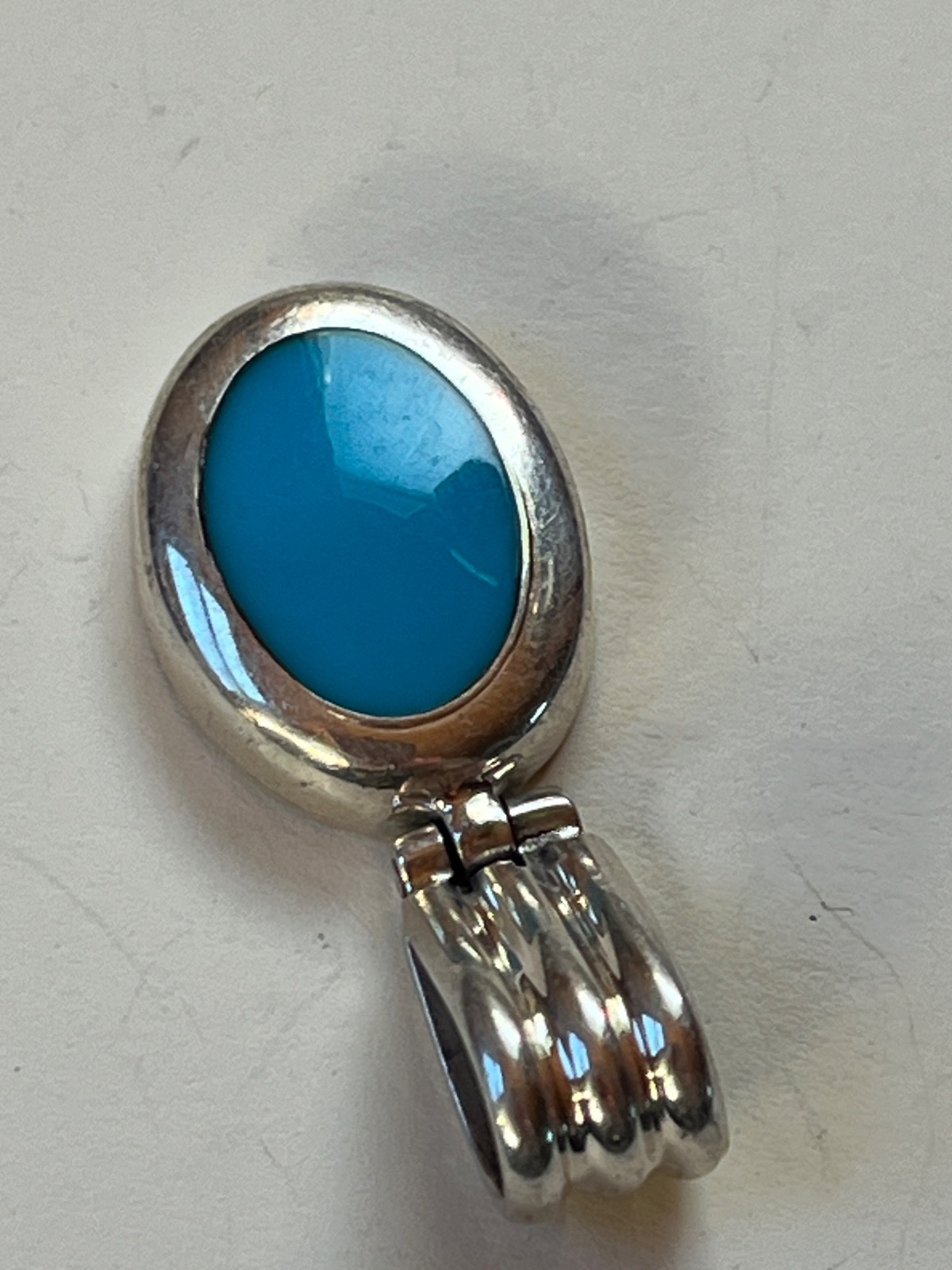 Turquoise Enamel in Oval Mexico 925 Silver Frame Pendant – about 1 and 3/8th’s x