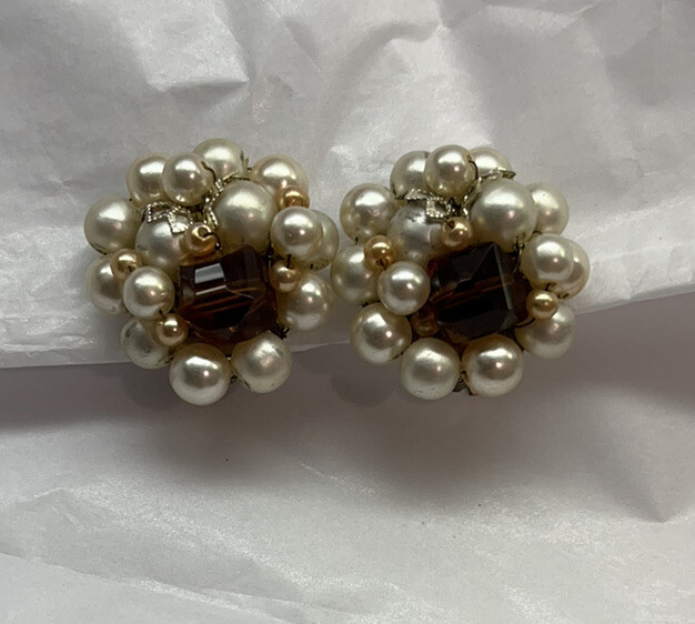 Vintage Faux Pearl Clip On Earrings Cluster Round Brown Crystal Japan 1”