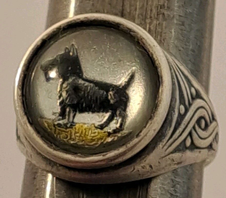 VINTAGE Sterling Silver CELTIC Art Glass SCOTTY DOG Bypass Wrap Ring 8.25 NICE