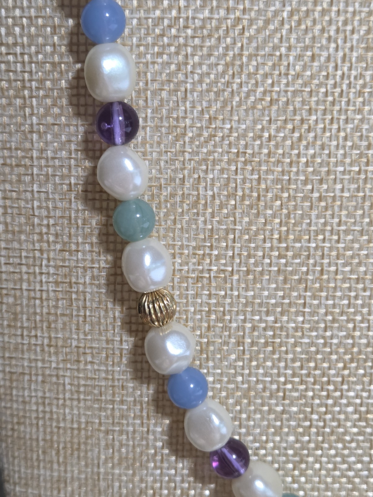 34″ Opera Faux Pearl Blue Green Purple Bead Gold Tone Necklace Barrel Clasp