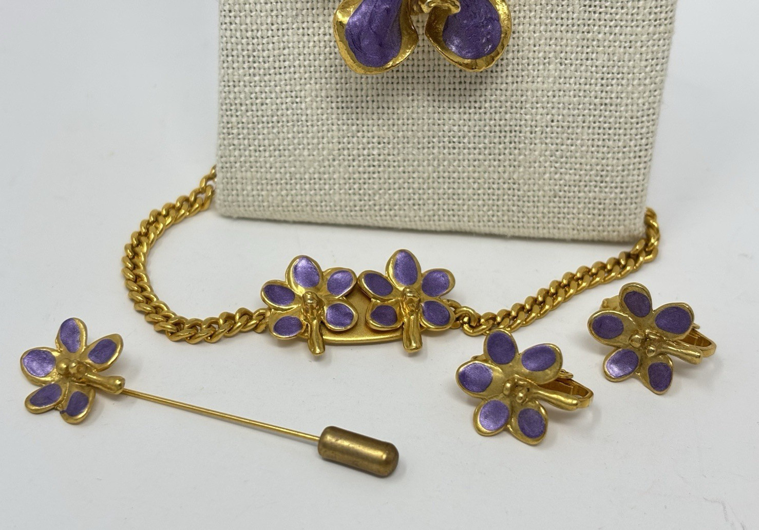 Purple Enamel Orchid Jewelry Necklace Set Pendant Bracelet Earring Pin Vintage
