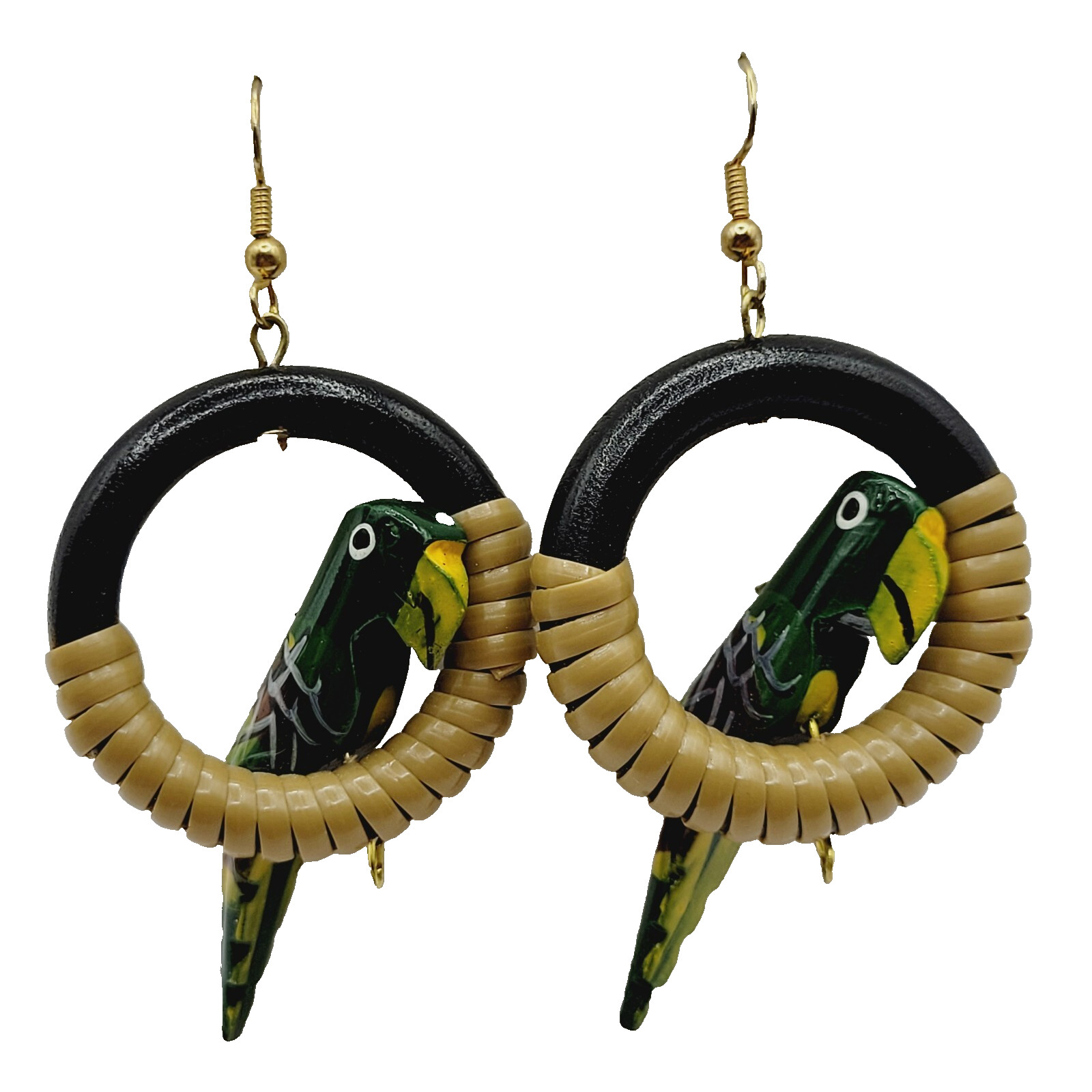 Parrot Macaw Tropical Hand Painted Carved Bird on Hoop Hook Pierced Vtg Earrings
