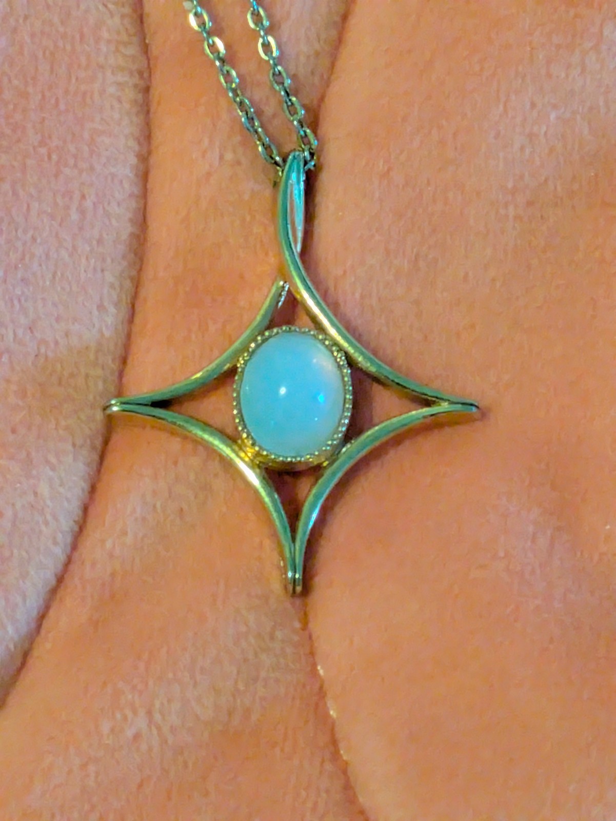 Vintage Sarah Coventry Moon Beam Star Cross Gold-tone Necklace Faux Opal Pendant