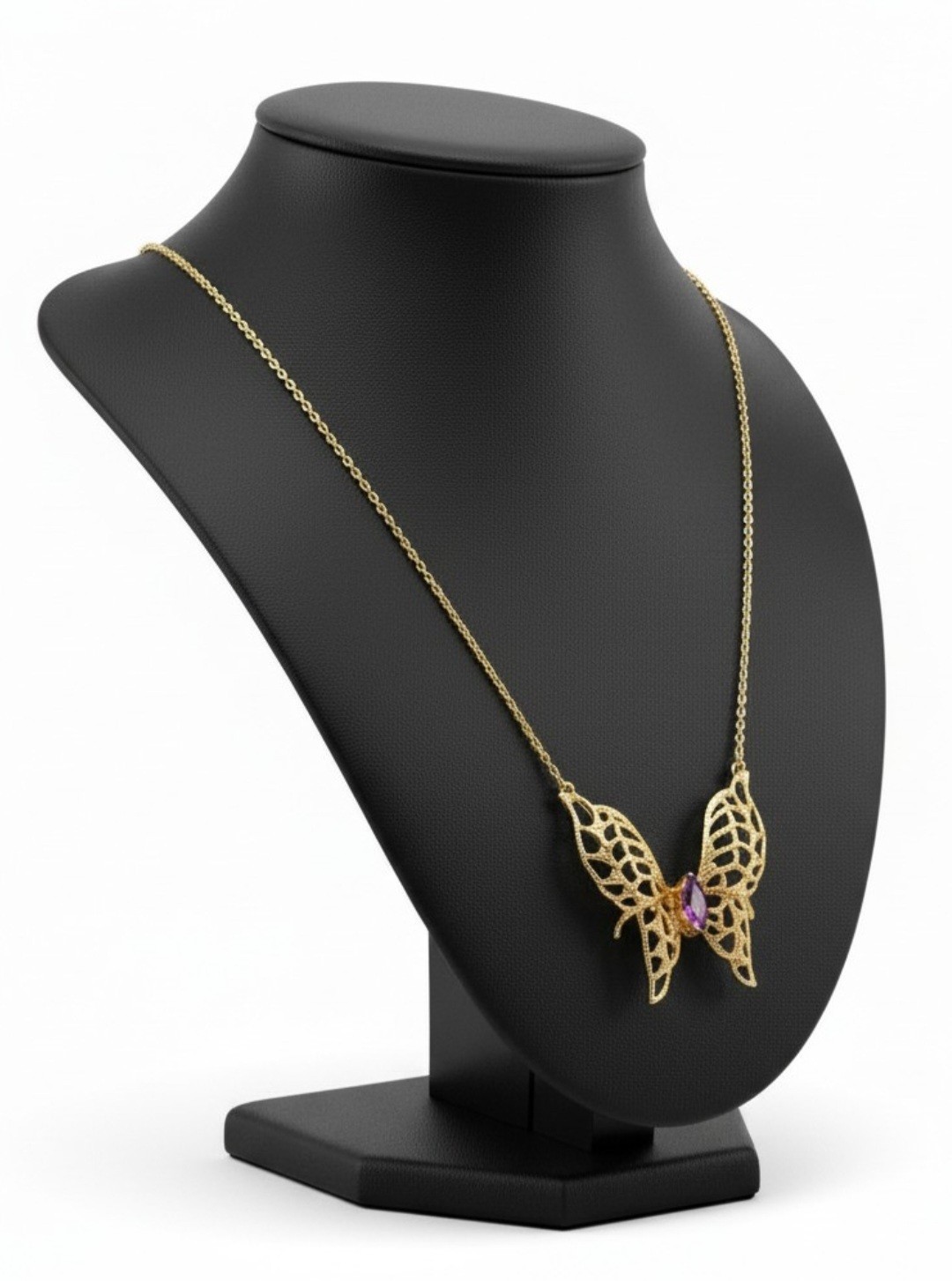 14KGE Lindenwold Gold Electroplated Marquise Purple Amethyst Butterfly Necklace