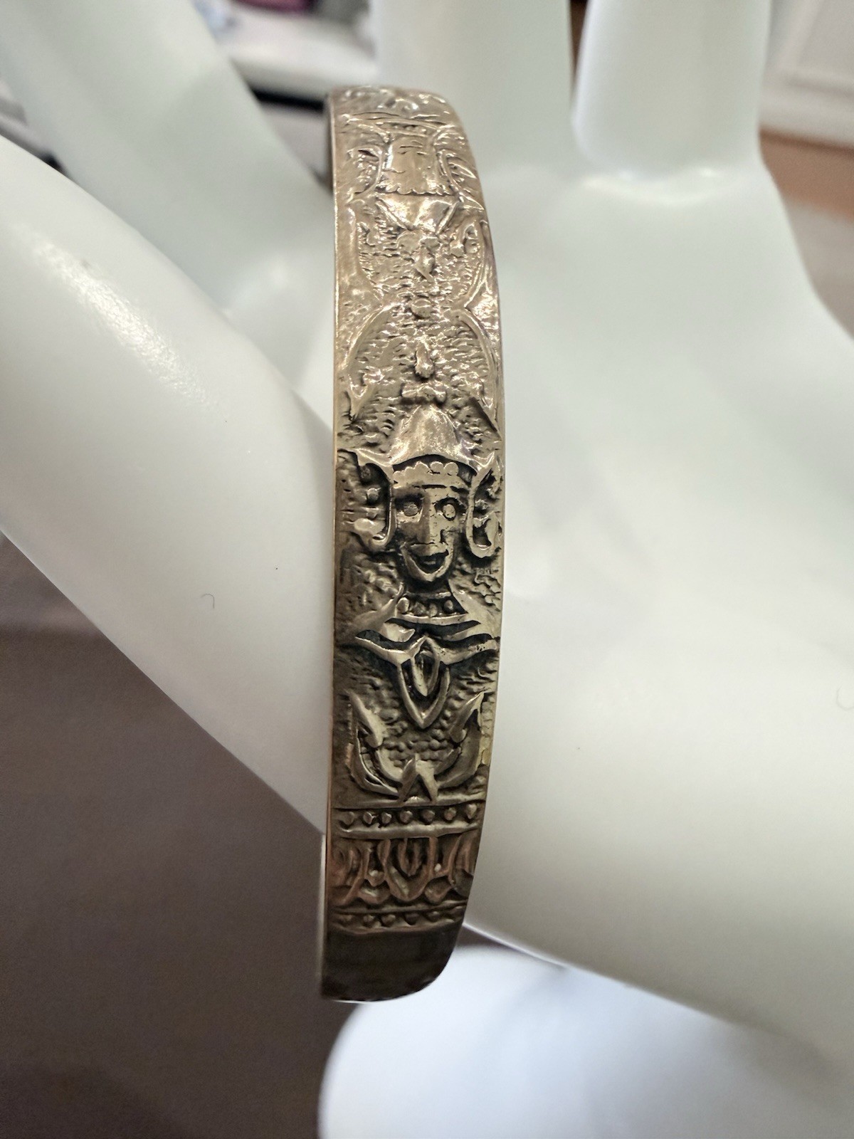 Vintage Brass Deity Torque Cuff Bangle – Hand-Engraved Bracelet, 7.25″