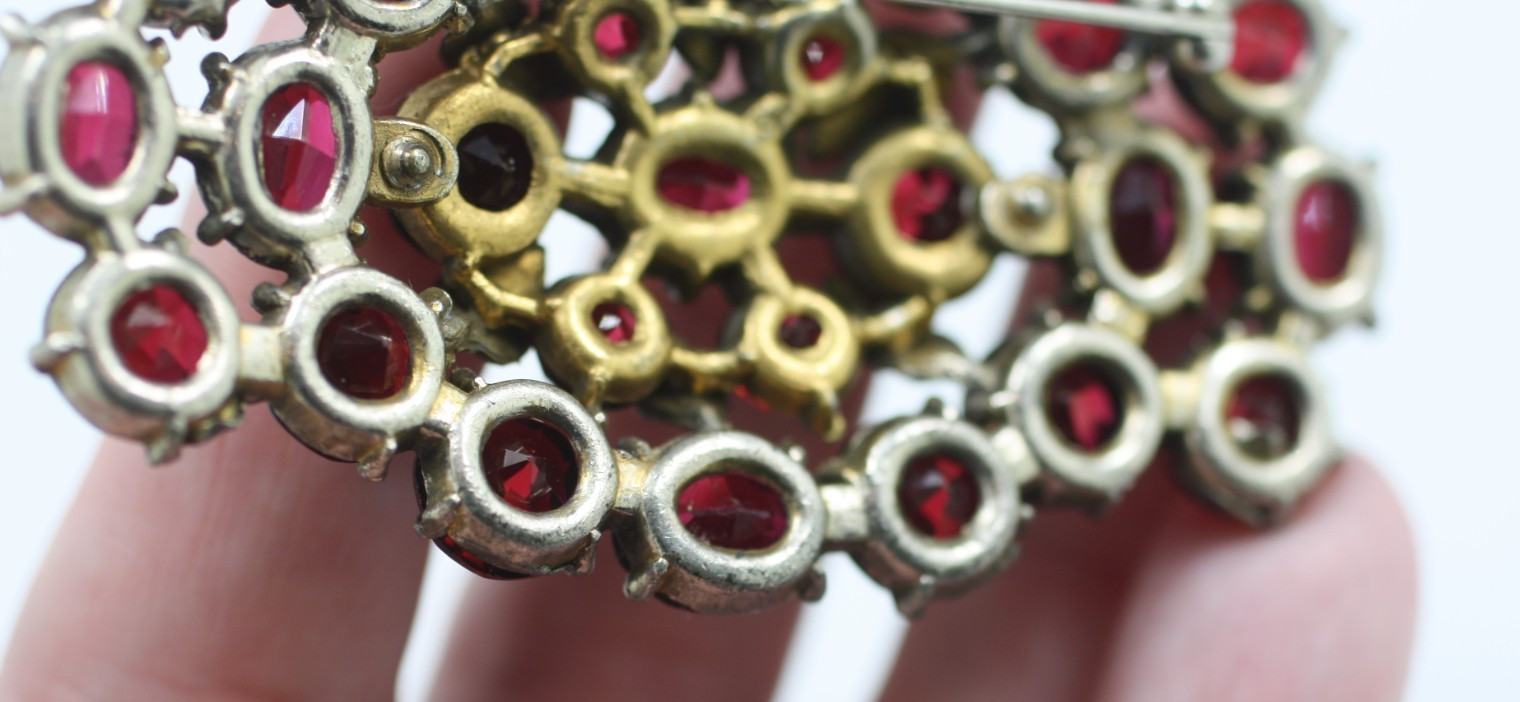 Vintage reddish purple Czech glass 1930’s large silver & gold tone pin brooch