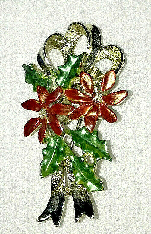 Christmas Ribbon Hollie Ivory Vintage Brooch Pin Gerrys Slver Red Green Jewlery