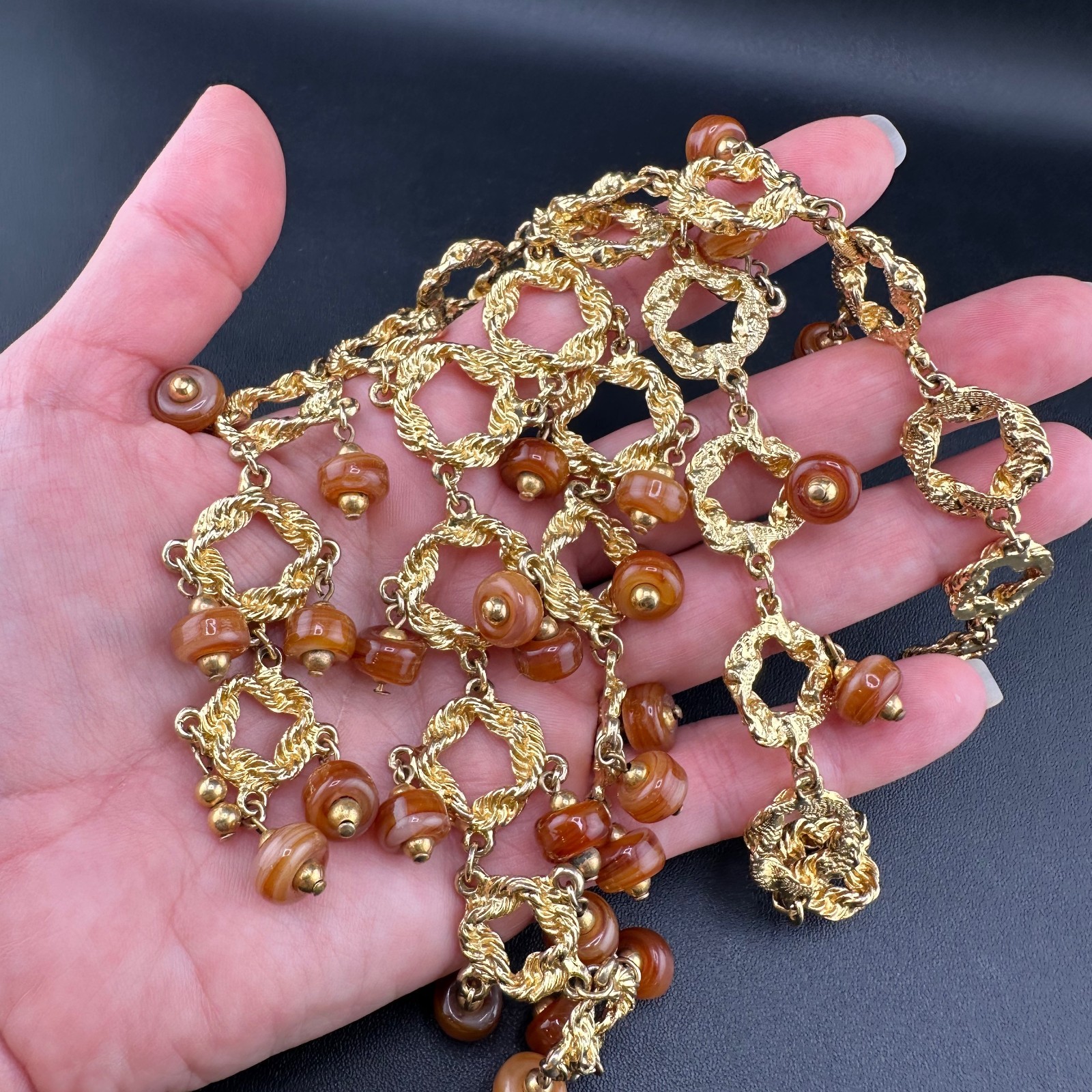 Vintage Statement Necklace Bib Fringe Hammered Gold Tone Link Agate Bead Dangles