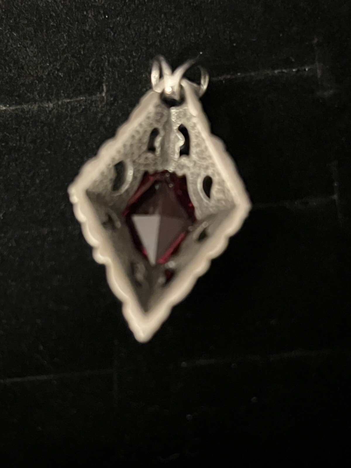 Vintage Silvertone Diamond Shaped Pendant W/ Dark Pink- Red Glass Stone