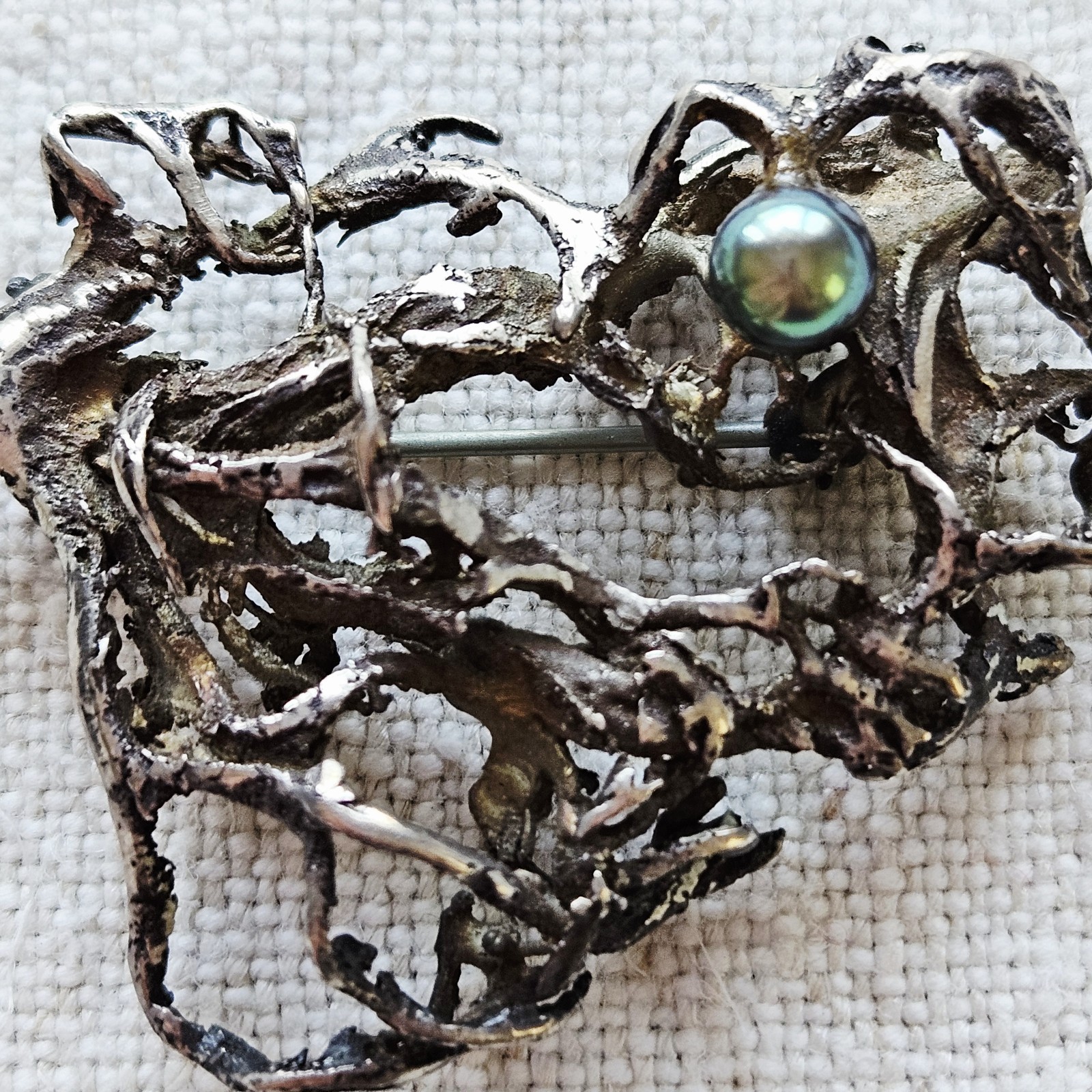 Vintage Modernist Mid-Century Brutalist Silver Brooch Pin Green Pearl