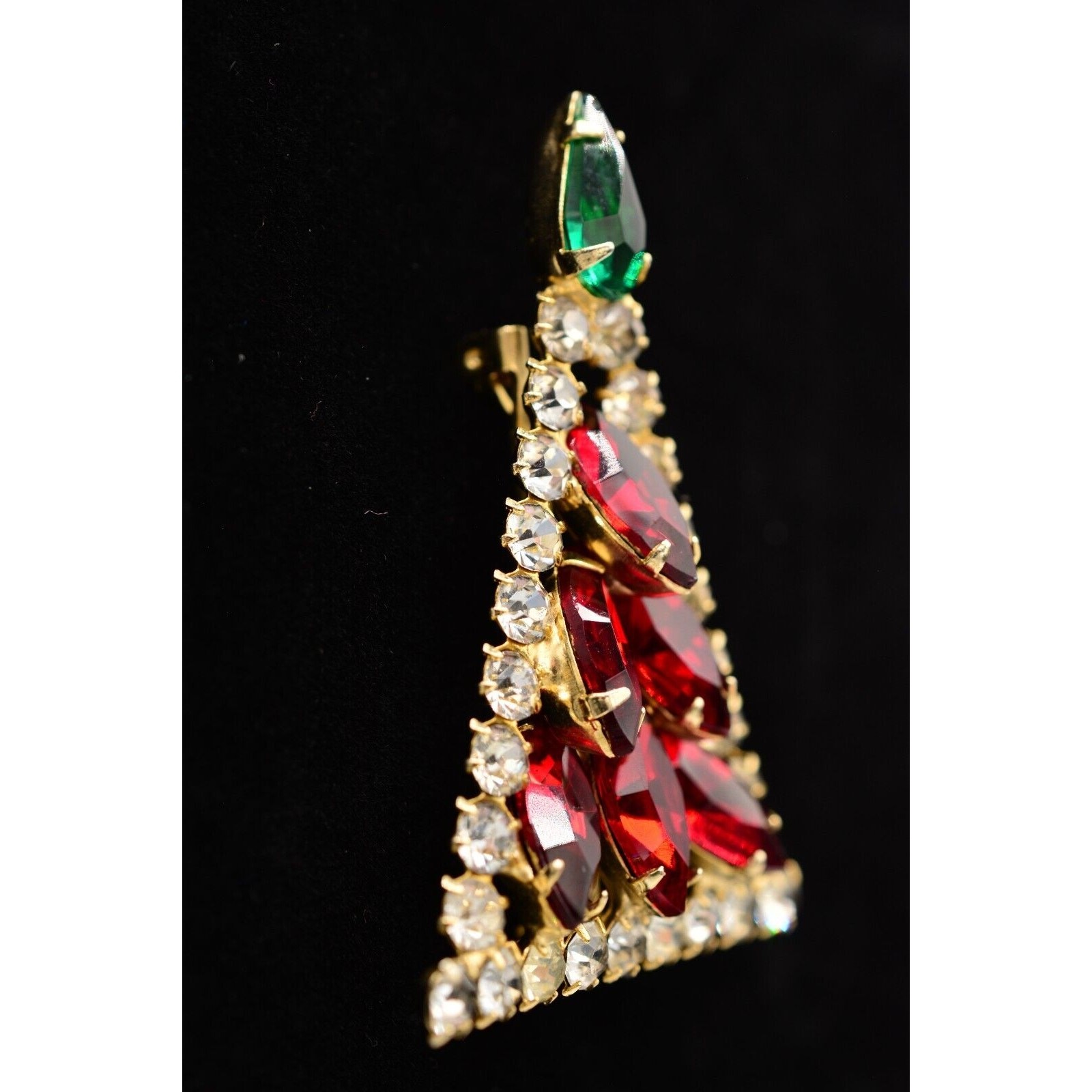 Vintage Crystal Christmas Tree Brooch Gold Green Red Marquise Rhinestone BinB