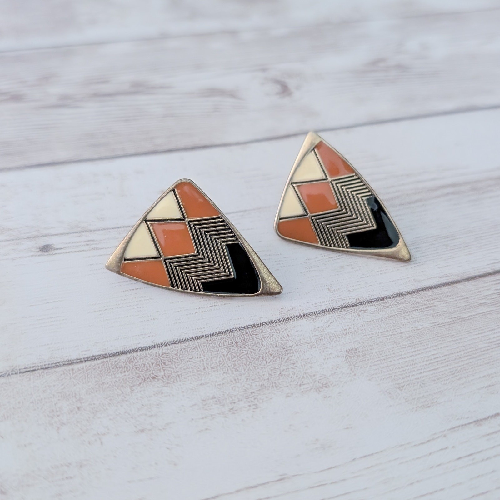 Vintage Stud Earrings Statement Burnt Orange, Cream, Black, Gold Tone