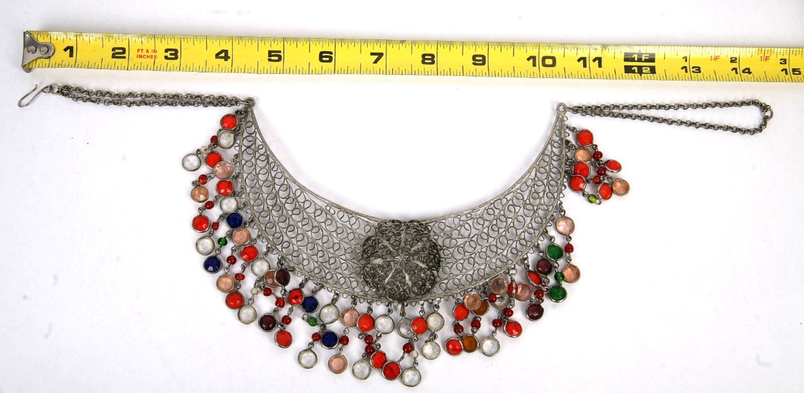 Vintage Bib Collar Choker Necklace Beaded Fringe Artisan Hand Made Mesh Filigree