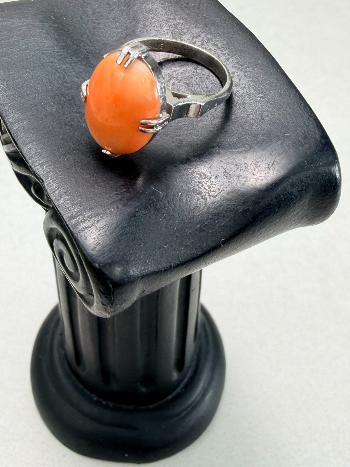 Art Deco Coral Cabochon Sterling Silver Ring Vintage Statement Size 4.25