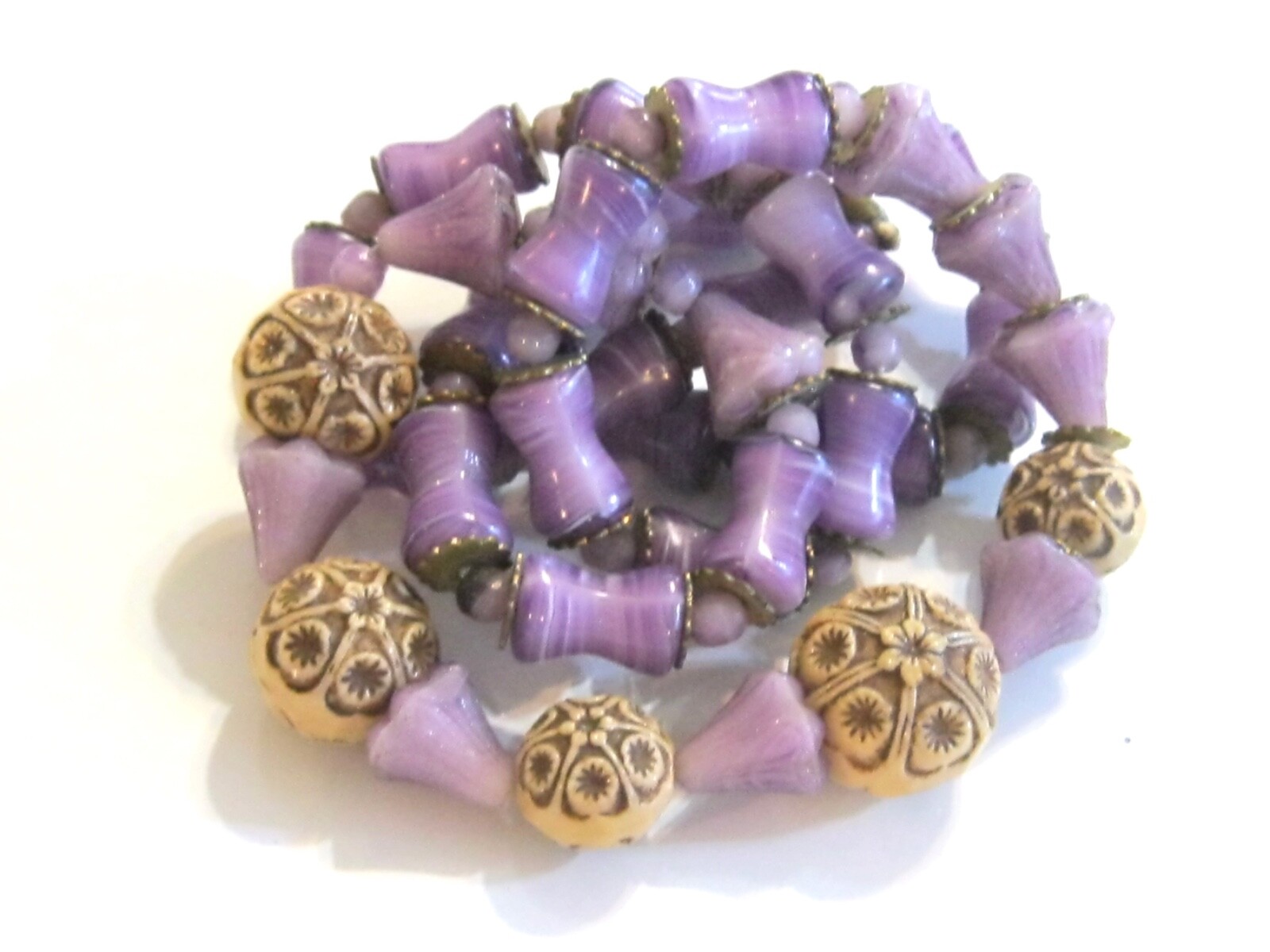 NEIGER BROS ANTIQUE ART DECO CZECH GLASS BEAD NECKLACE RARE PURPLE TAN FLORAL
