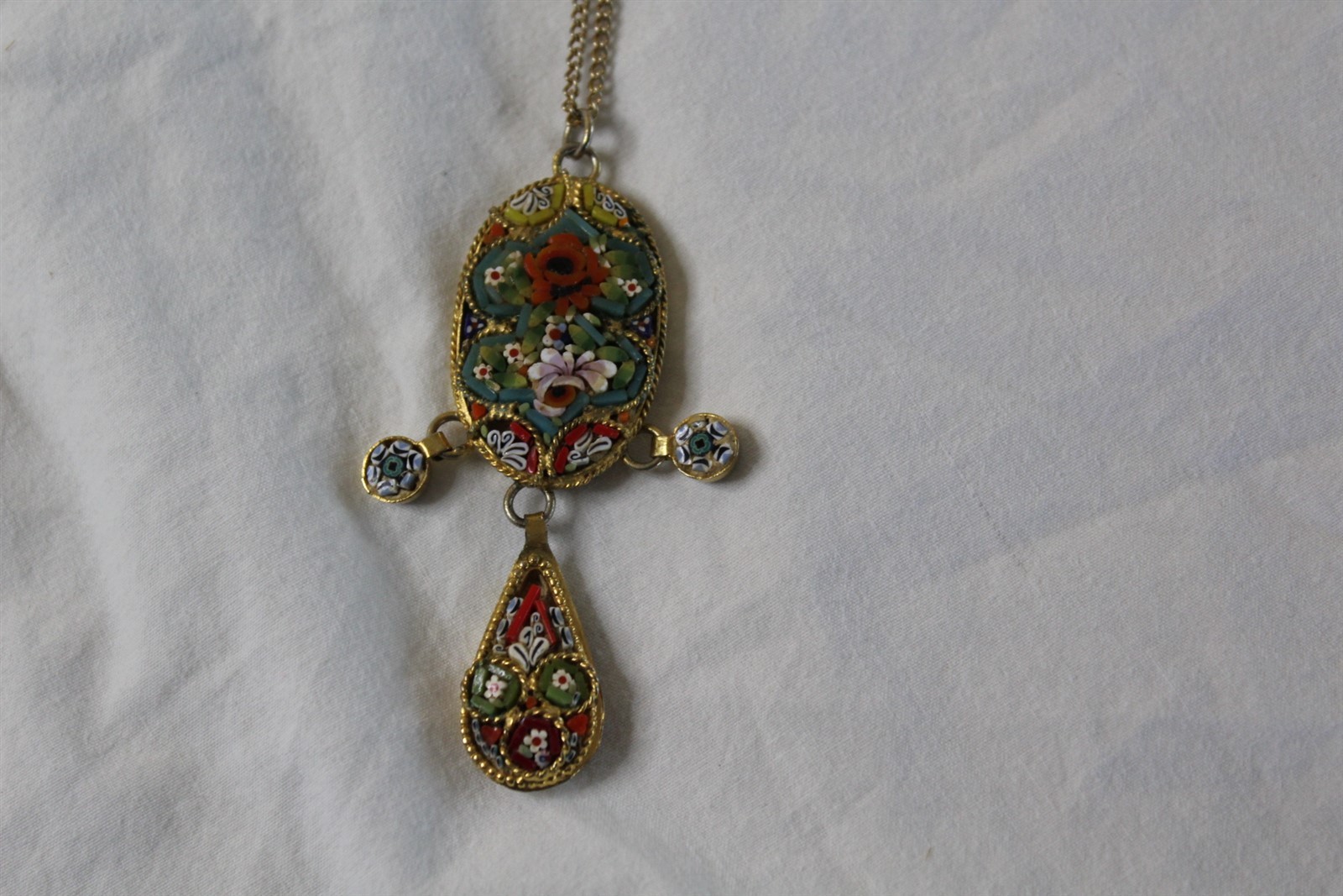 Pendant Necklace Stamped Italy Intricate Multi-Color Stone Shell Inlay Vintage