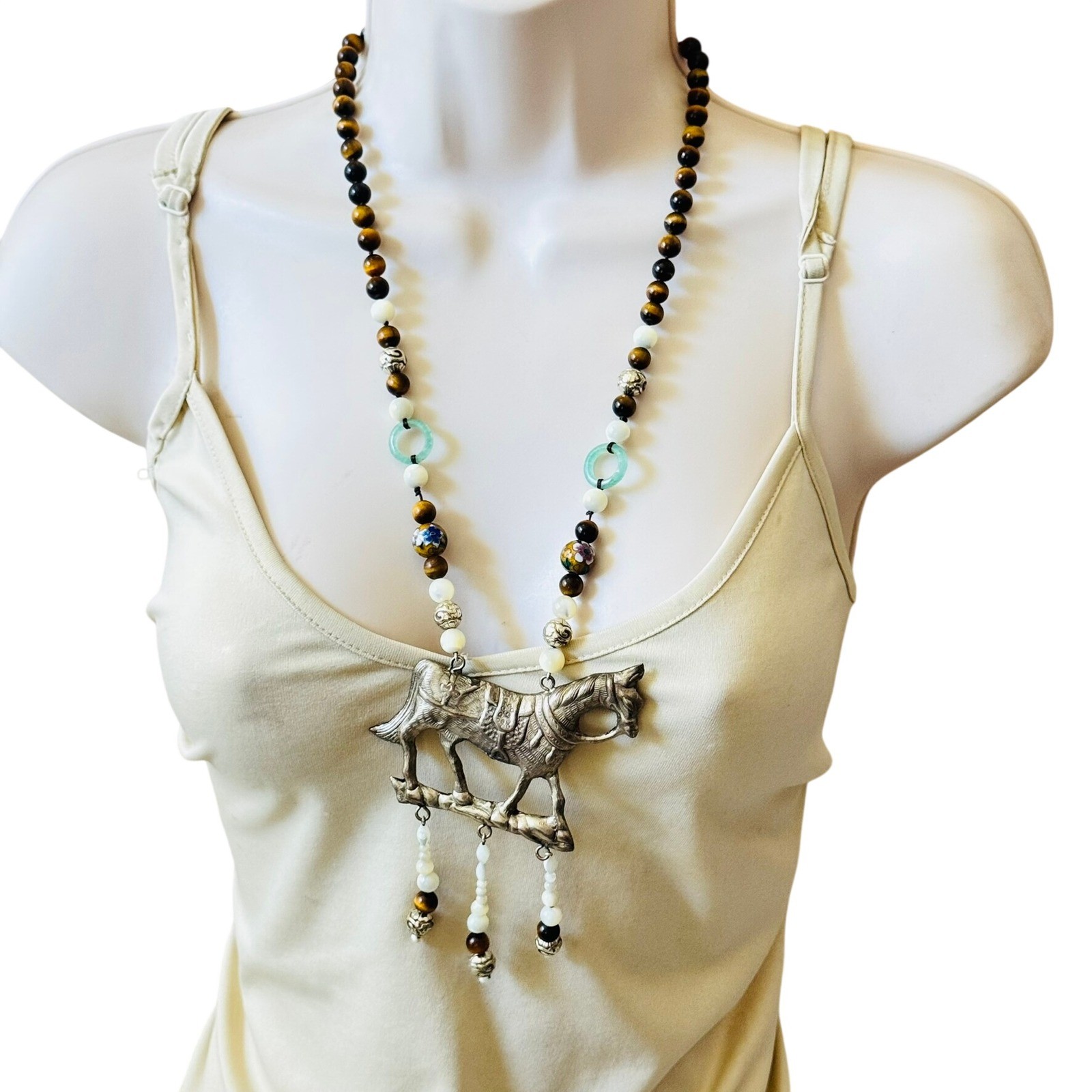 VTG Horse Equestrian Necklace Statement Cloisonne Tiger’s Eye Jade Stone Beads