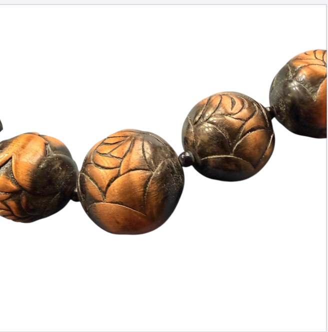 Vintage Brass Carved Bead Necklace Chunky Boho Statement Copper Tone 22″