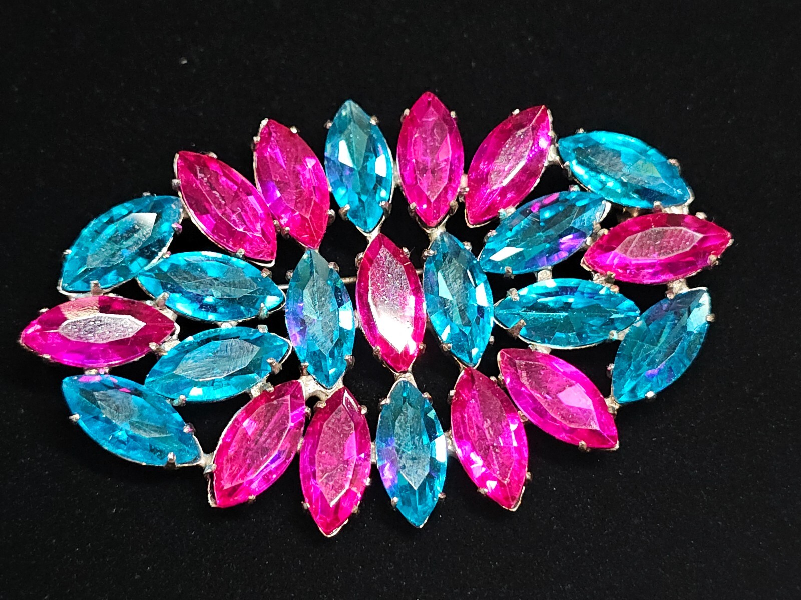 Vtg Neon Pink and Blue 3″ Rhinestone Brooch Pin